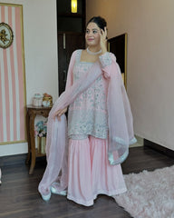 Peach Color Sequence Work Georgette Fancy Sharara Suit
