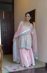 Peach Color Sequence Work Georgette Fancy Sharara Suit