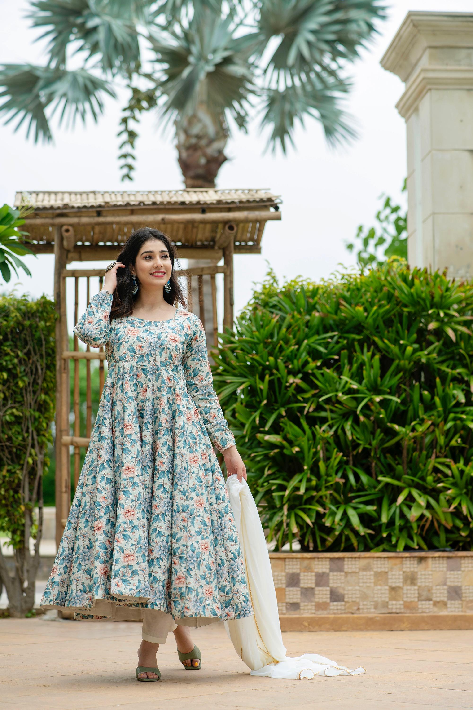 Delightful Multi Design With Sky Color Print Anarkali Suit