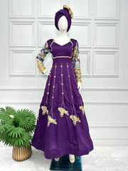 Wonderful Embroidery Zari Blue Color Long Gown
