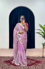 Shining  Embroidered Cotton Thread & Full Sequins Work Purple color Saree