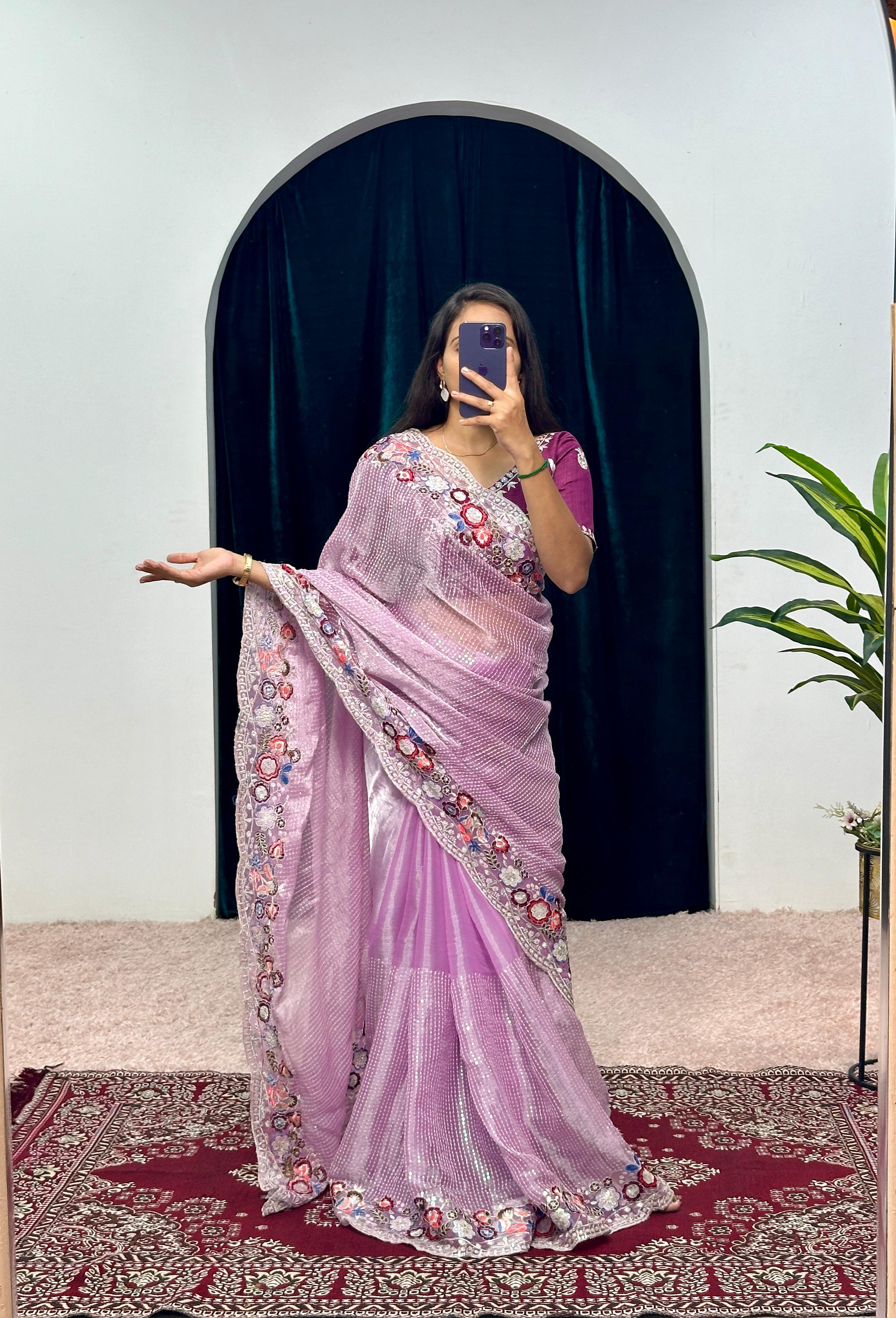 Shining  Embroidered Cotton Thread & Full Sequins Work Purple color Saree