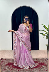 Shining  Embroidered Cotton Thread & Full Sequins Work Purple color Saree
