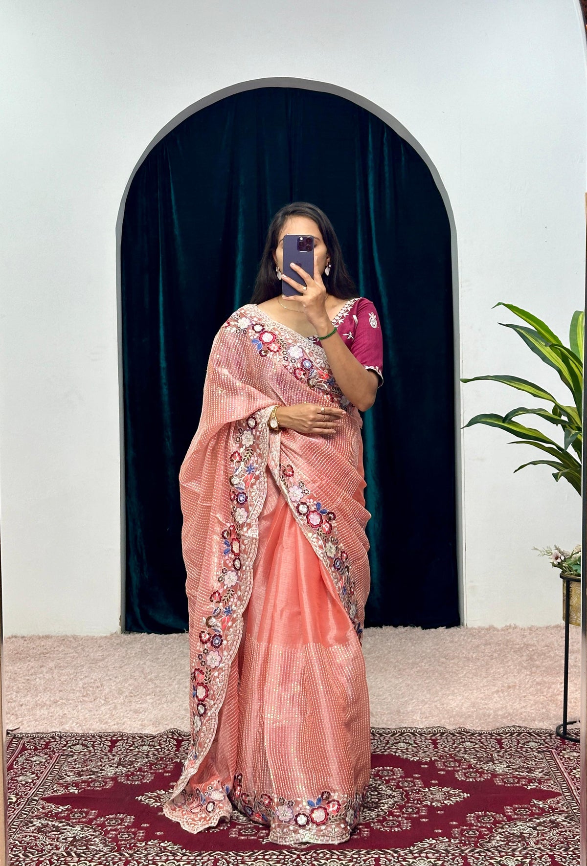 Shining  Embroidered Cotton Thread & Full Sequins Work Orange color Saree