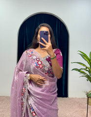 Shining  Embroidered Cotton Thread & Full Sequins Work Purple color Saree