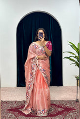 Shining  Embroidered Cotton Thread & Full Sequins Work Orange color Saree