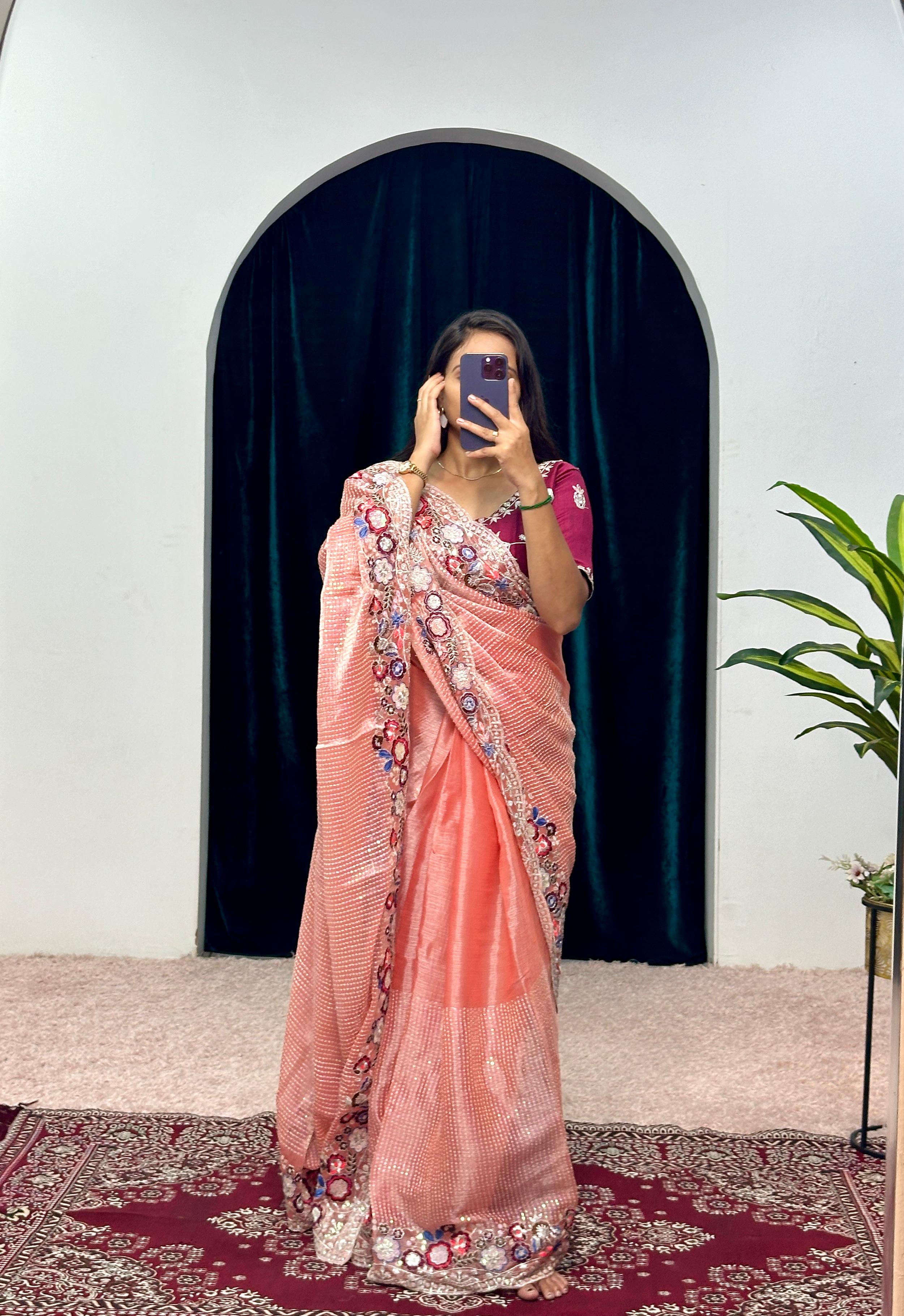 Shining  Embroidered Cotton Thread & Full Sequins Work Orange color Saree
