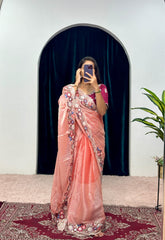 Shining  Embroidered Cotton Thread & Full Sequins Work Orange color Saree