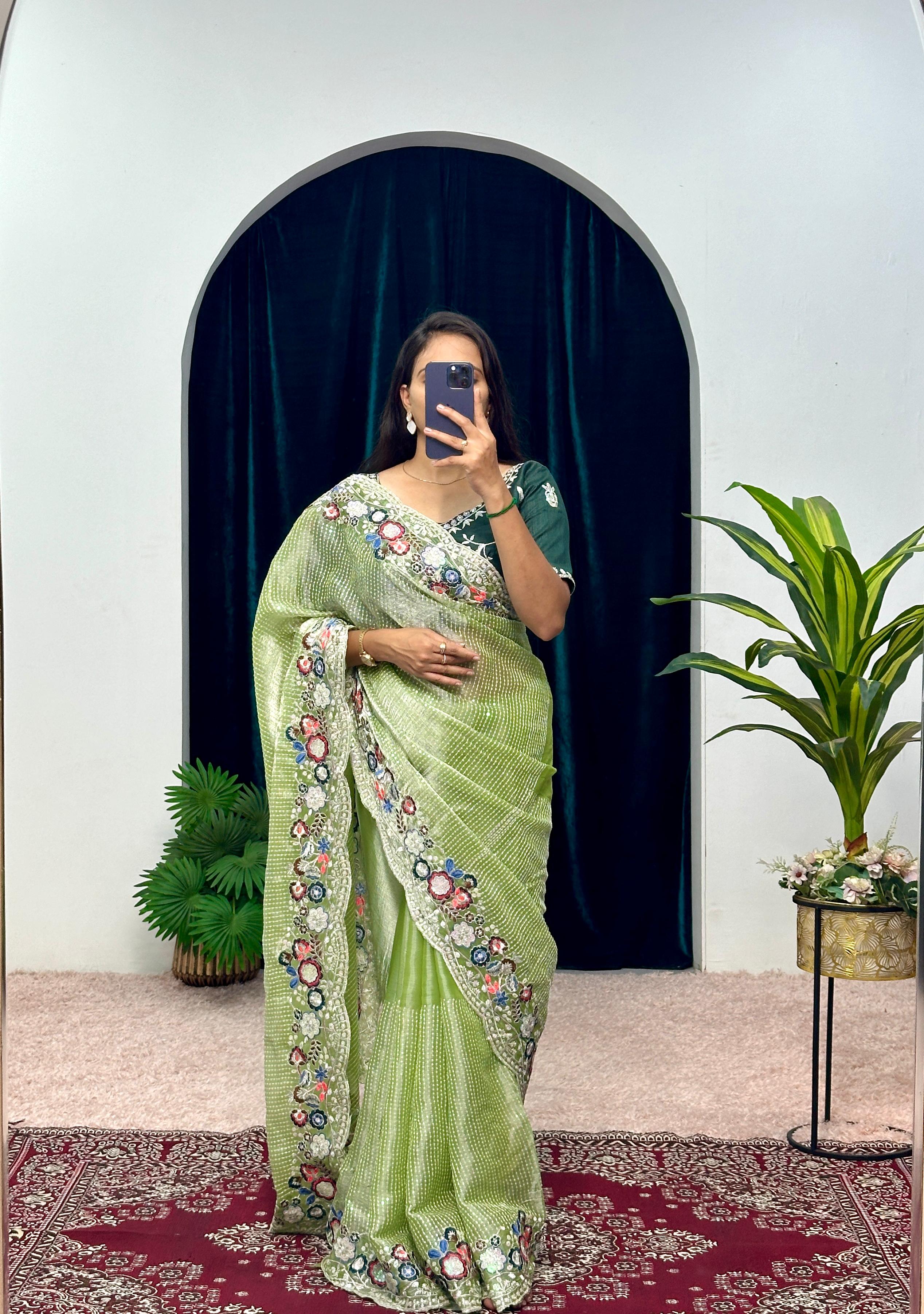 Shining  Embroidered Cotton Thread & Full Sequins Work Parrot green color Saree