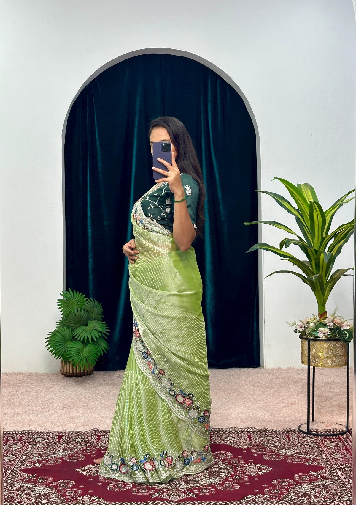 Shining  Embroidered Cotton Thread & Full Sequins Work Parrot green color Saree