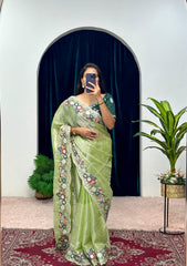 Shining  Embroidered Cotton Thread & Full Sequins Work Parrot green color Saree