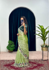 Shining  Embroidered Cotton Thread & Full Sequins Work Parrot green color Saree