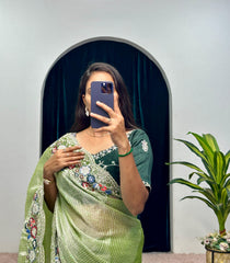 Shining  Embroidered Cotton Thread & Full Sequins Work Parrot green color Saree