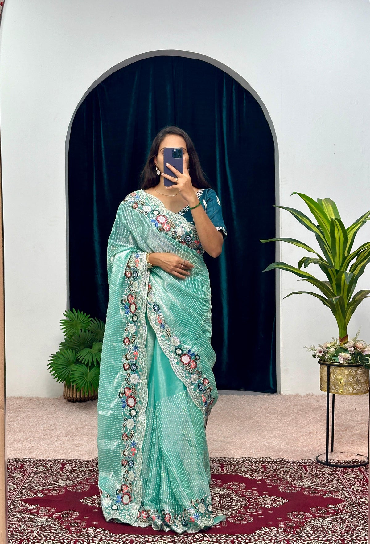 Shining  Embroidered Cotton Thread & Full Sequins Work Sea Green Saree