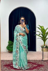 Shining  Embroidered Cotton Thread & Full Sequins Work Sea Green Saree