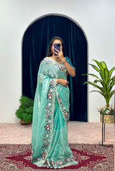 Shining  Embroidered Cotton Thread & Full Sequins Work Sea Green Saree