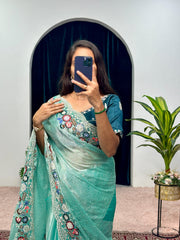 Shining  Embroidered Cotton Thread & Full Sequins Work Sea Green Saree