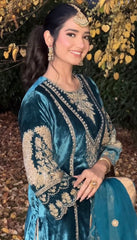 Buy Designer Viscose Velvet Embroidery sequence Work With Sleeves Teal Blue Color Sharara Suit