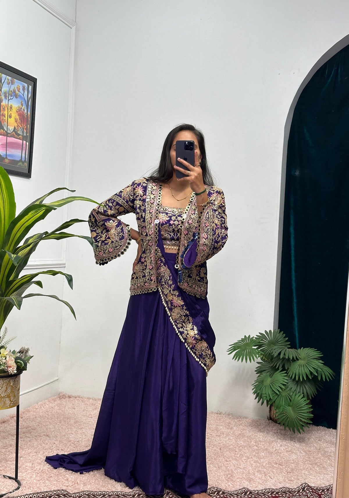 Buy INDO-WESTERN Blue Color READY TO WEAR SAREE WITH FULLY EMBROIDERED KOTI
