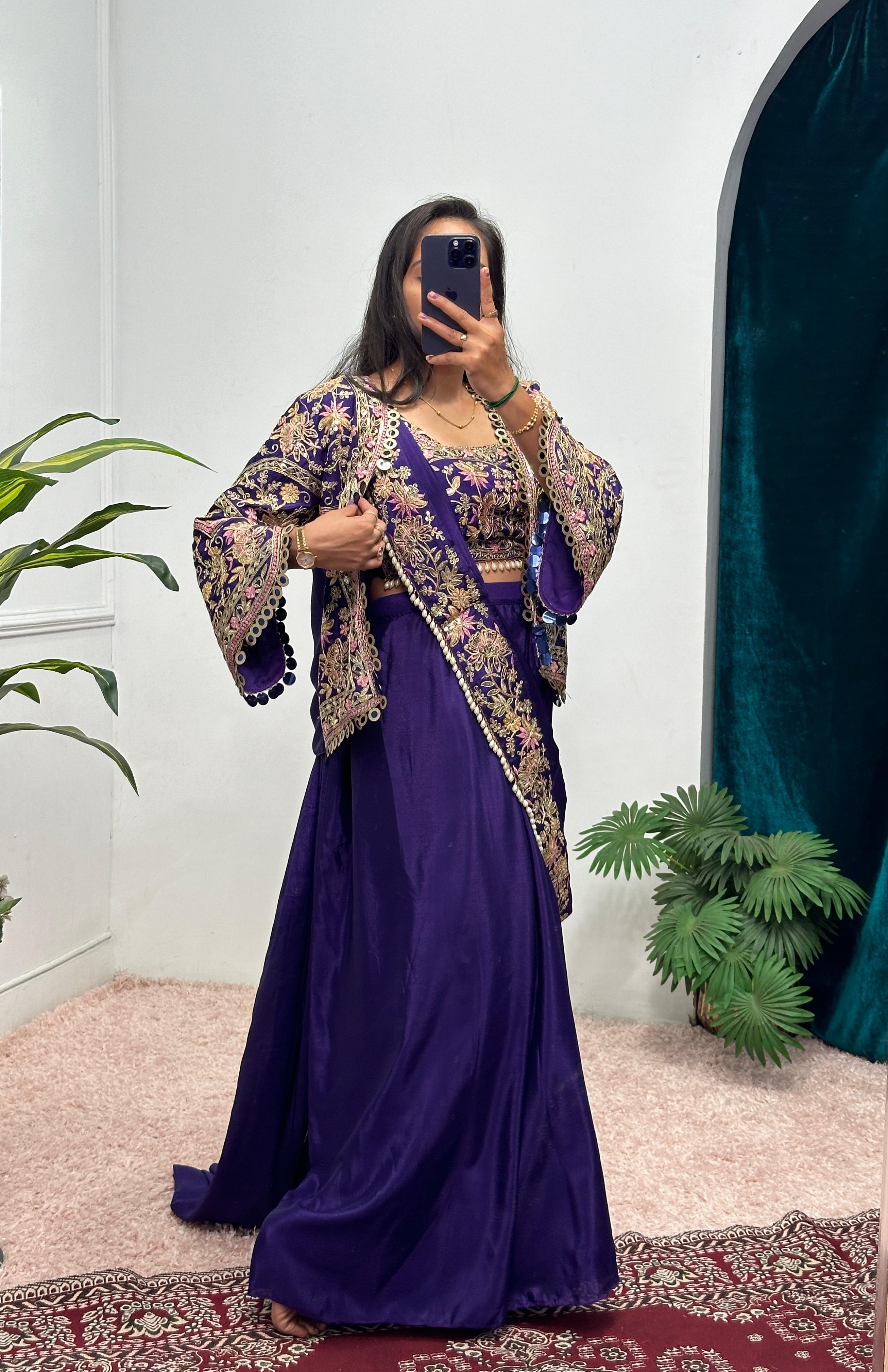 Buy INDO-WESTERN Blue Color READY TO WEAR SAREE WITH FULLY EMBROIDERED KOTI