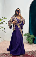 Buy INDO-WESTERN Blue Color READY TO WEAR SAREE WITH FULLY EMBROIDERED KOTI