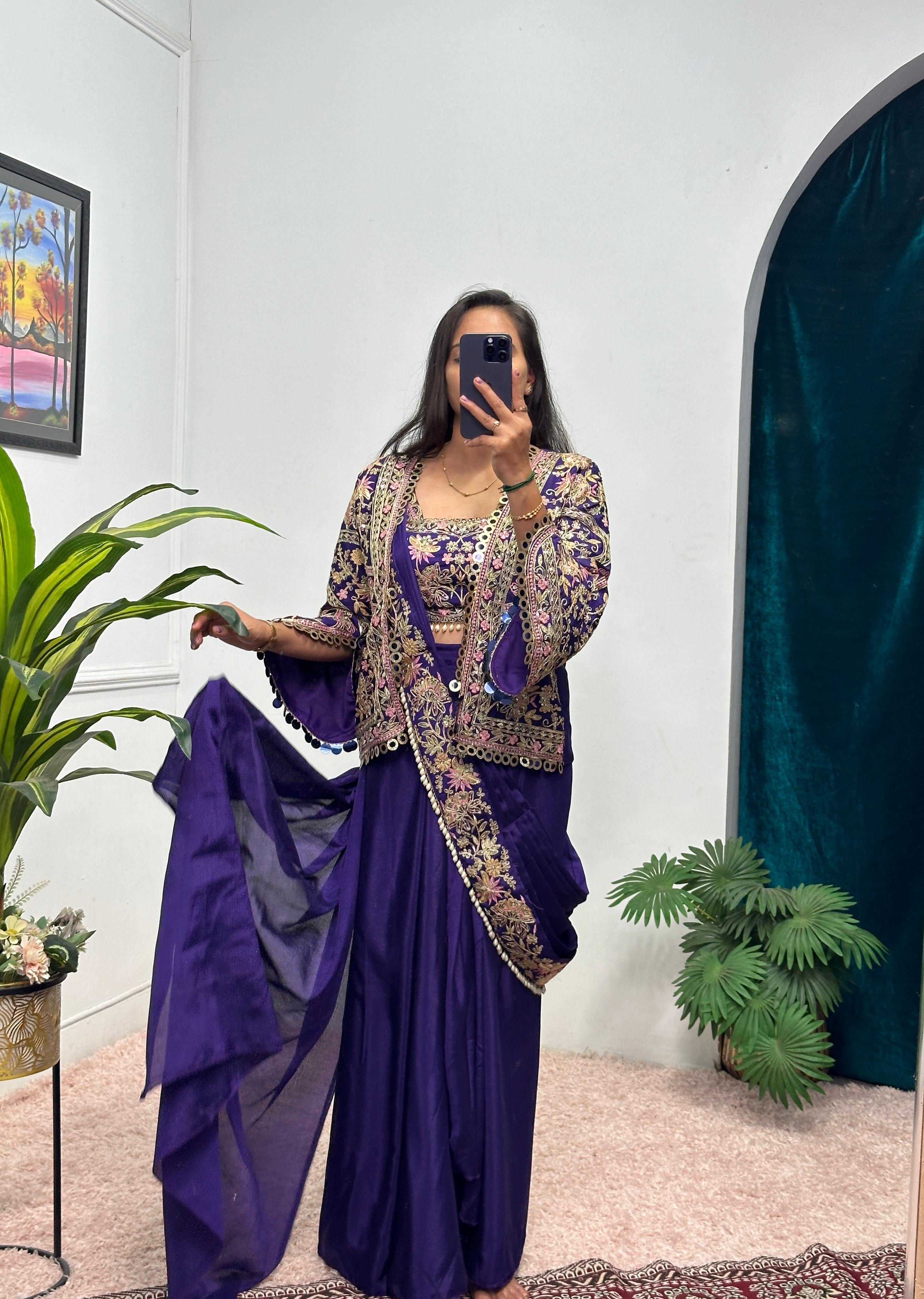 Buy INDO-WESTERN Blue Color READY TO WEAR SAREE WITH FULLY EMBROIDERED KOTI