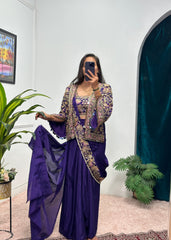 Buy INDO-WESTERN Blue Color READY TO WEAR SAREE WITH FULLY EMBROIDERED KOTI