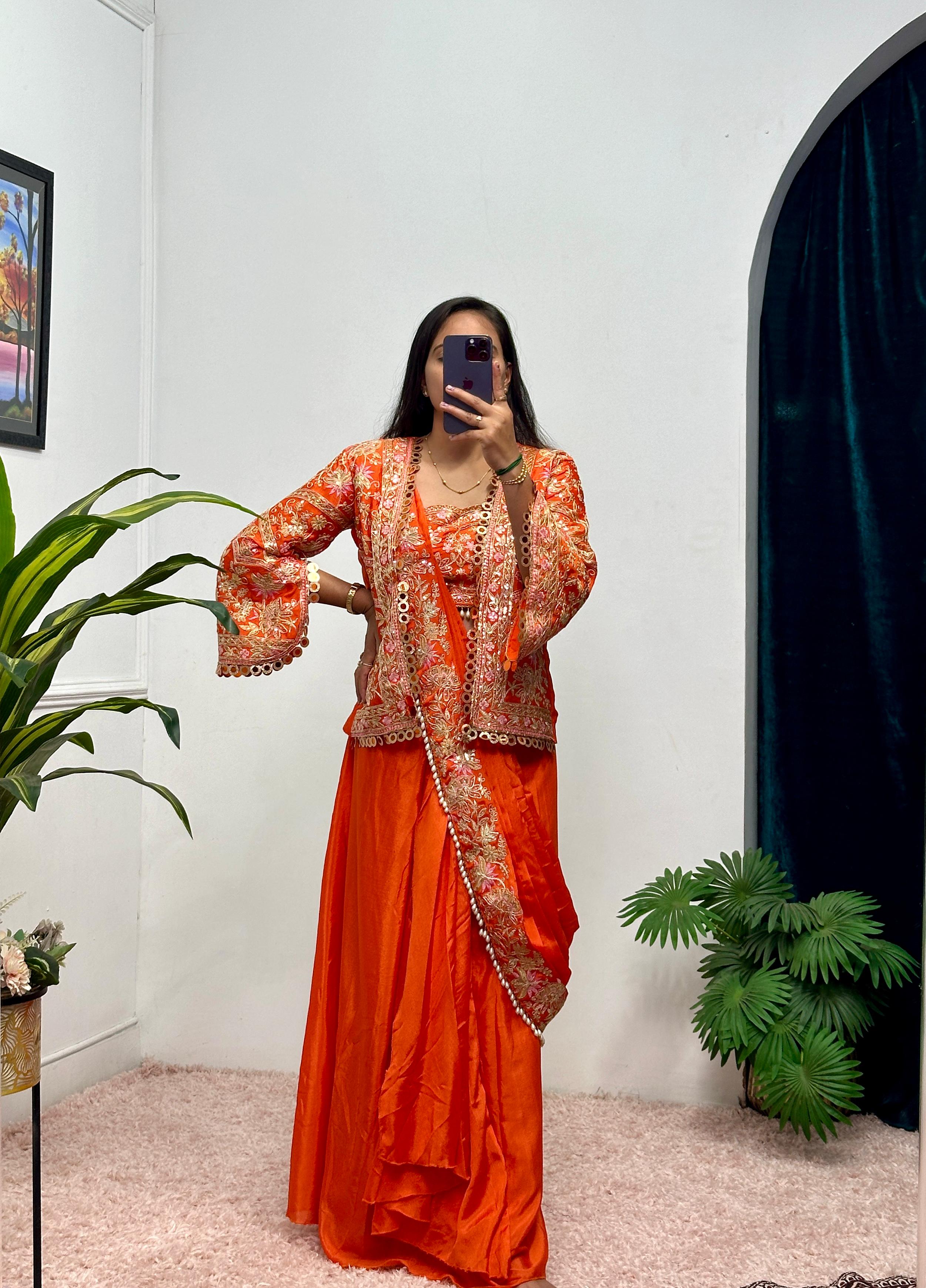 Buy INDO-WESTERN Orange Color READY TO WEAR SAREE WITH FULLY EMBROIDERED KOTI