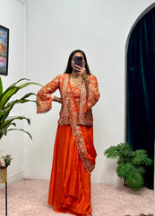 Buy INDO-WESTERN Orange Color READY TO WEAR SAREE WITH FULLY EMBROIDERED KOTI