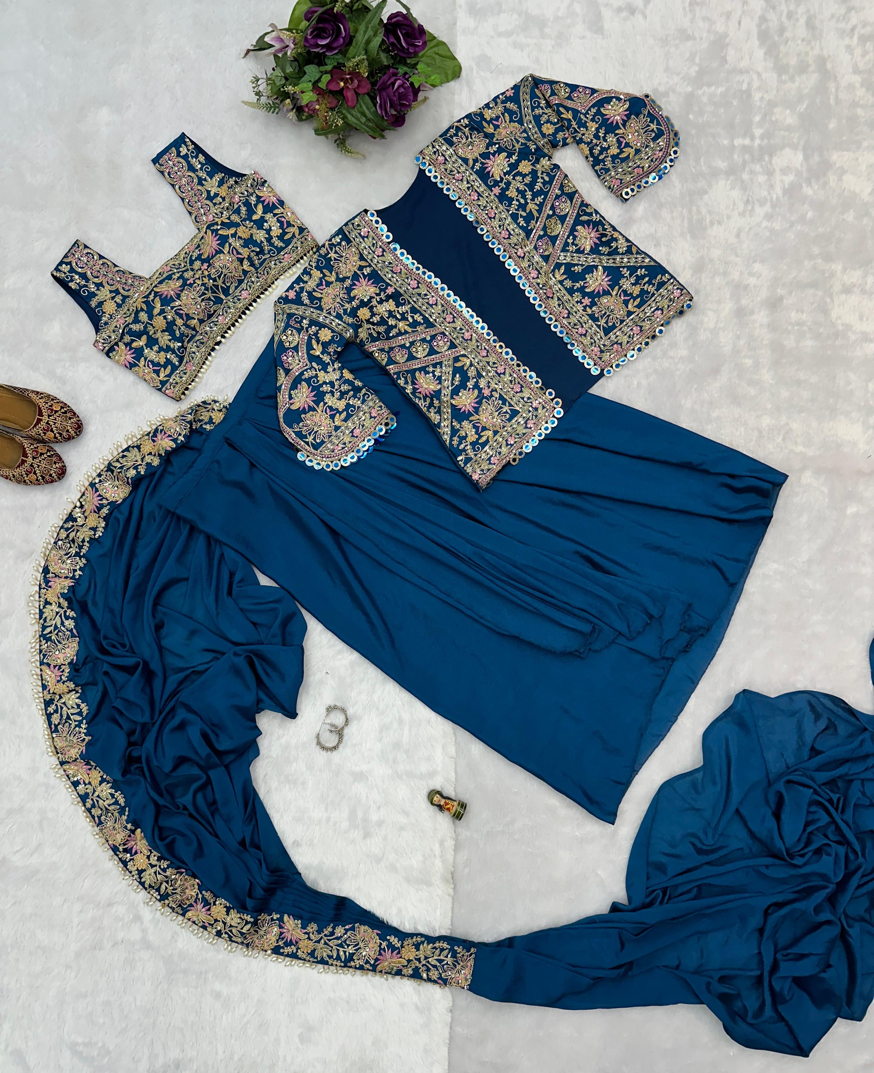 Buy INDO-WESTERN Teal Blue Color READY TO WEAR SAREE WITH FULLY EMBROIDERED KOTI