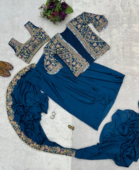 Buy INDO-WESTERN Teal Blue Color READY TO WEAR SAREE WITH FULLY EMBROIDERED KOTI