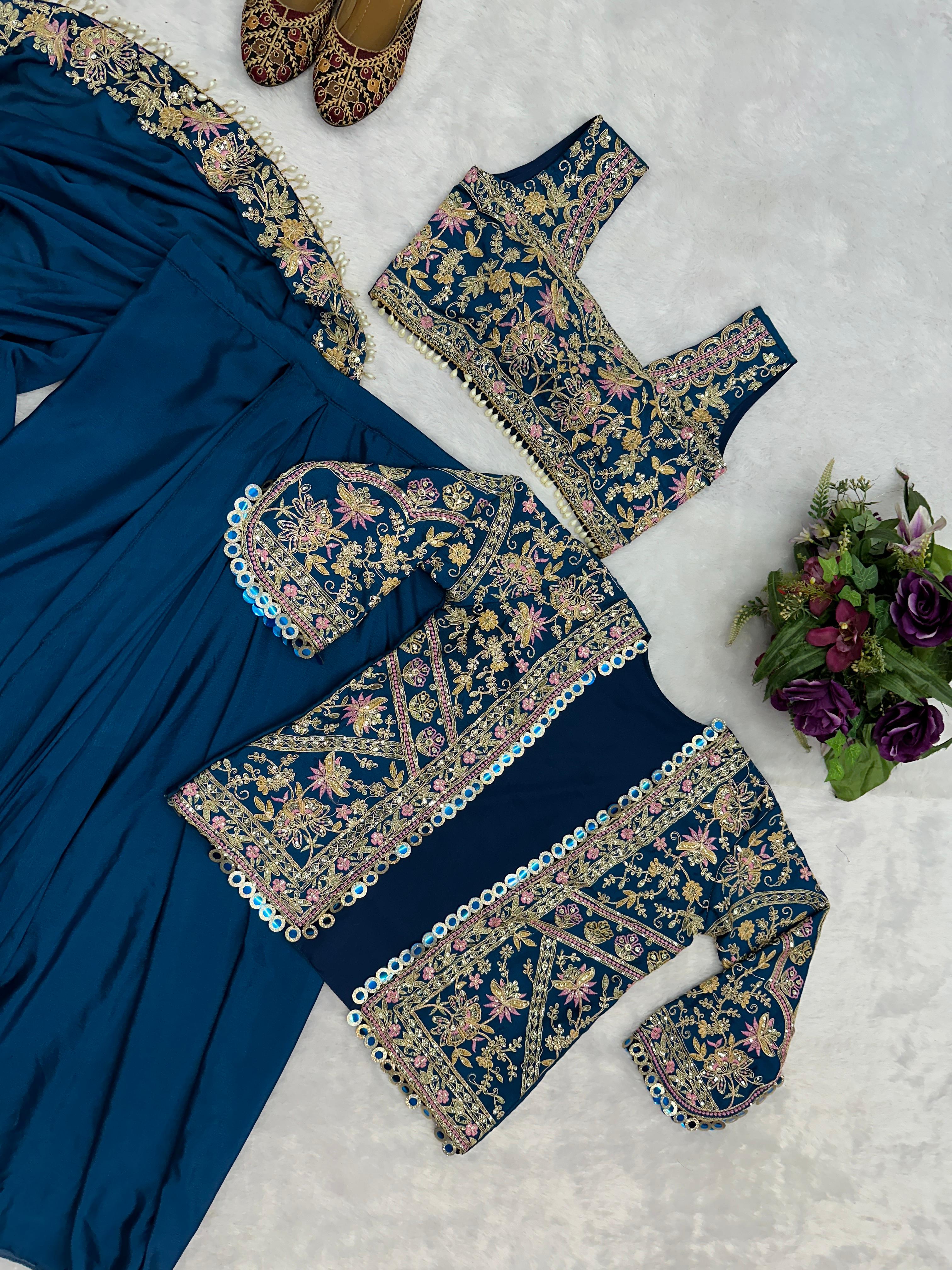 Buy INDO-WESTERN Teal Blue Color READY TO WEAR SAREE WITH FULLY EMBROIDERED KOTI