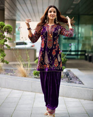 Exclusive 9000 Velvet Fabric With Full Embroidered Work Purple Color Kurti Patiyala