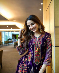 Exclusive 9000 Velvet Fabric With Full Embroidered Work Purple Color Kurti Patiyala