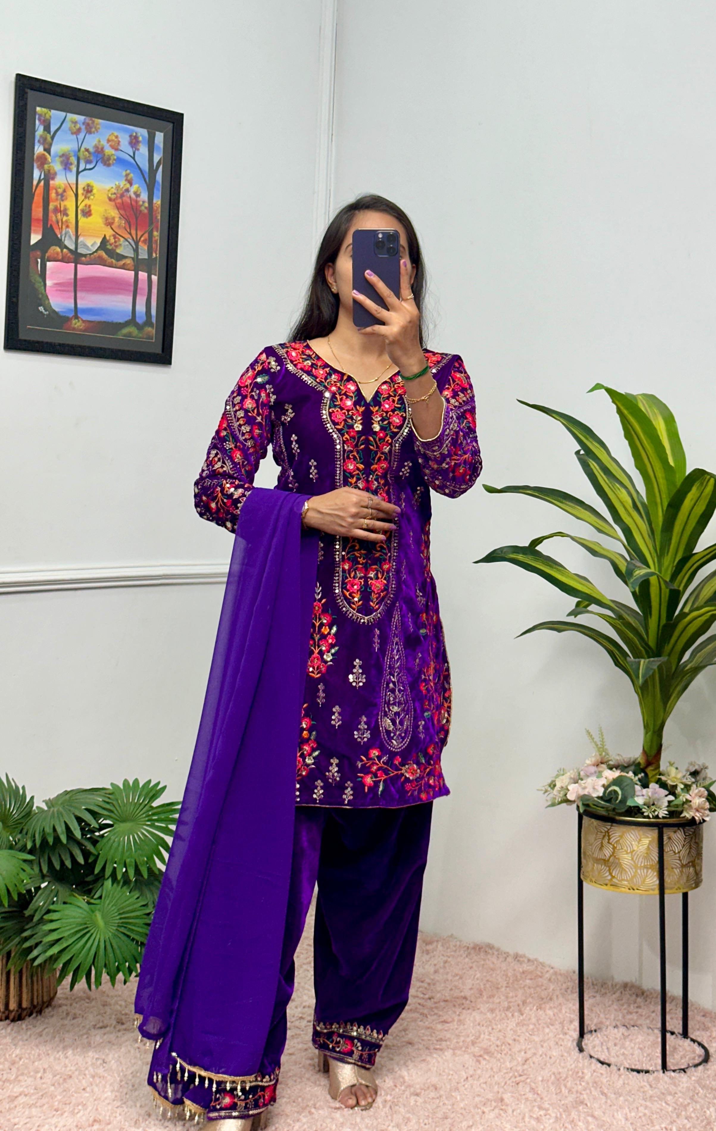 Exclusive 9000 Velvet Fabric With Full Embroidered Work Purple Color Kurti Patiyala