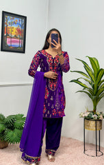 Exclusive 9000 Velvet Fabric With Full Embroidered Work Purple Color Kurti Patiyala