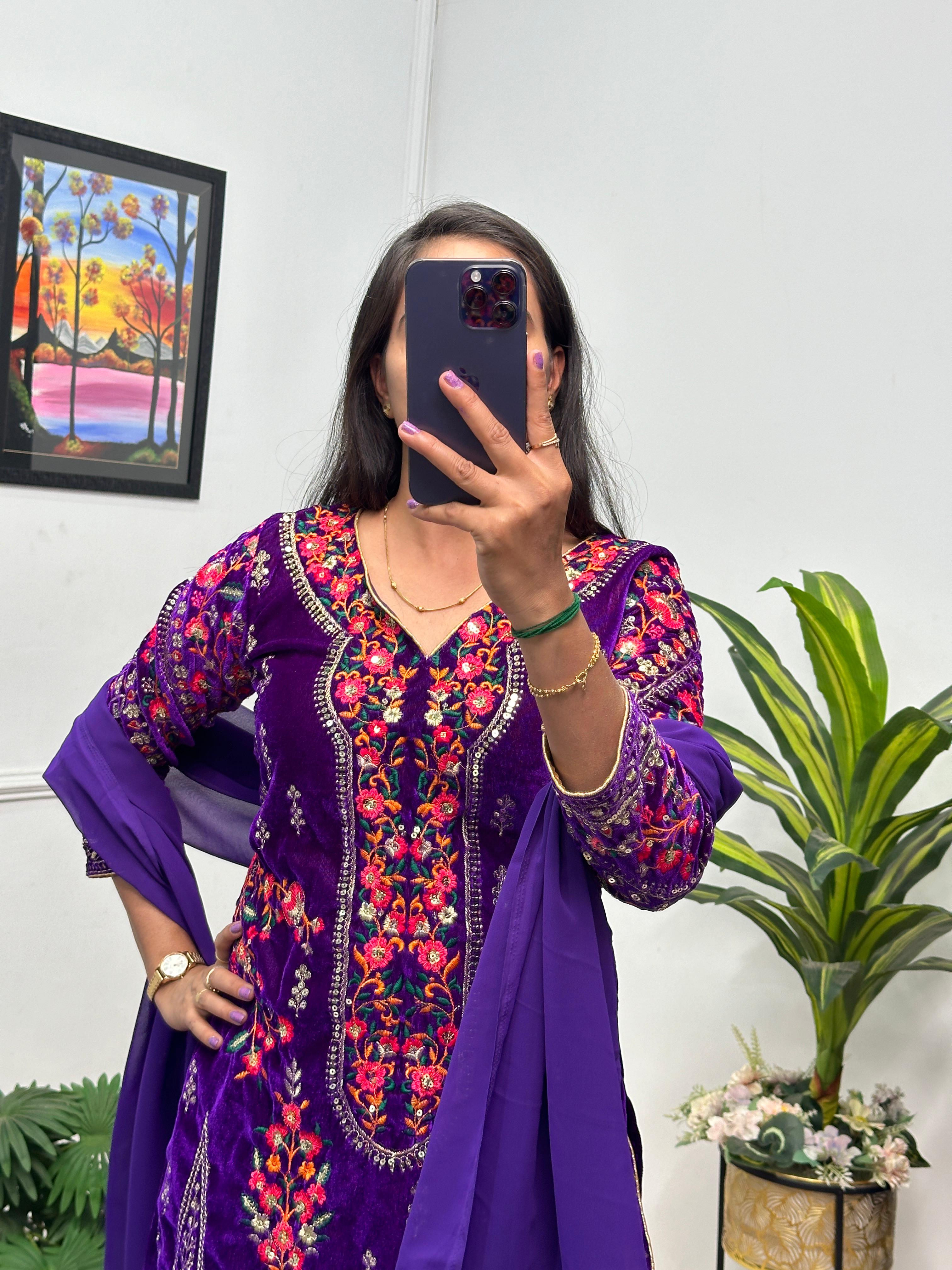 Exclusive 9000 Velvet Fabric With Full Embroidered Work Purple Color Kurti Patiyala