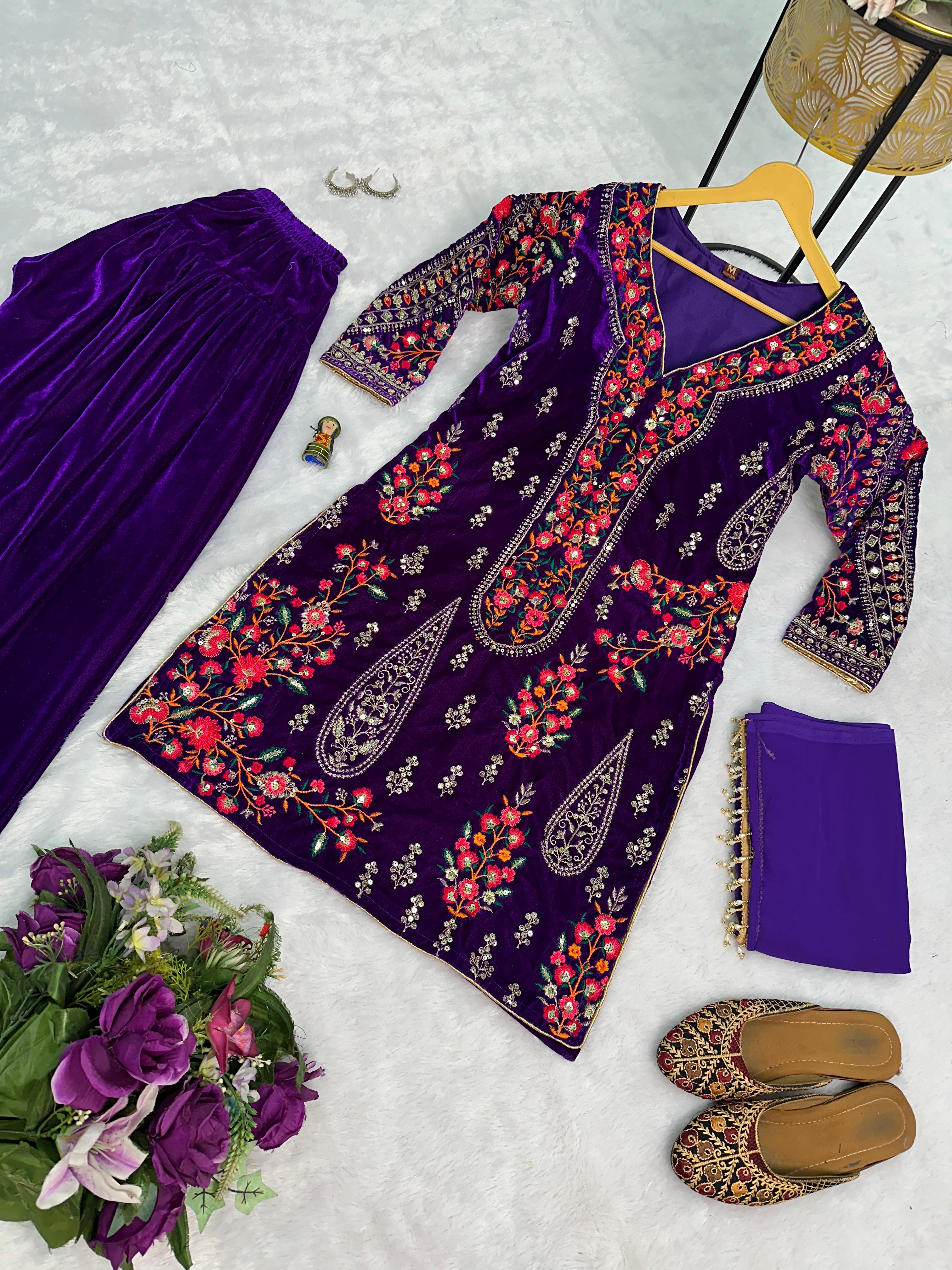 Exclusive 9000 Velvet Fabric With Full Embroidered Work Purple Color Kurti Patiyala
