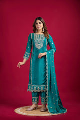 Presenting Pure Heavy Chinnon Silk Embroidery Coding Sequence Work Rama color Top-Bottom