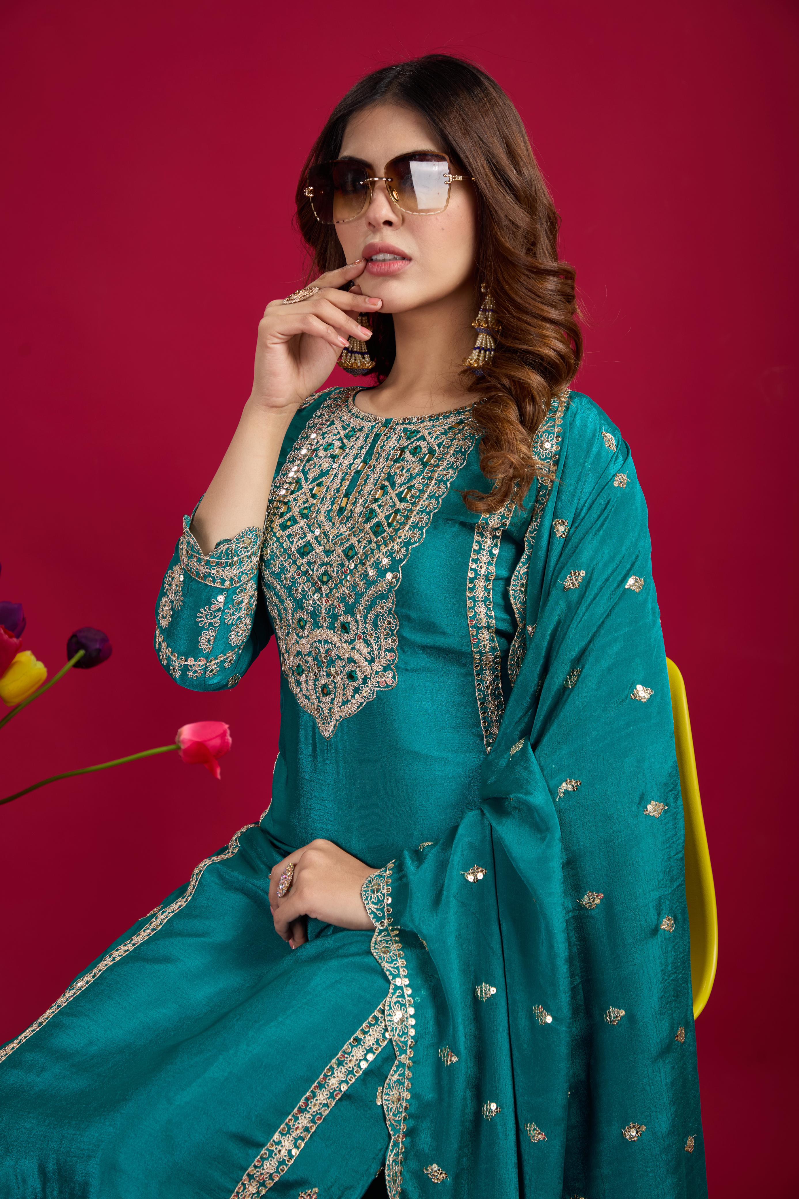 Presenting Pure Heavy Chinnon Silk Embroidery Coding Sequence Work Rama color Top-Bottom