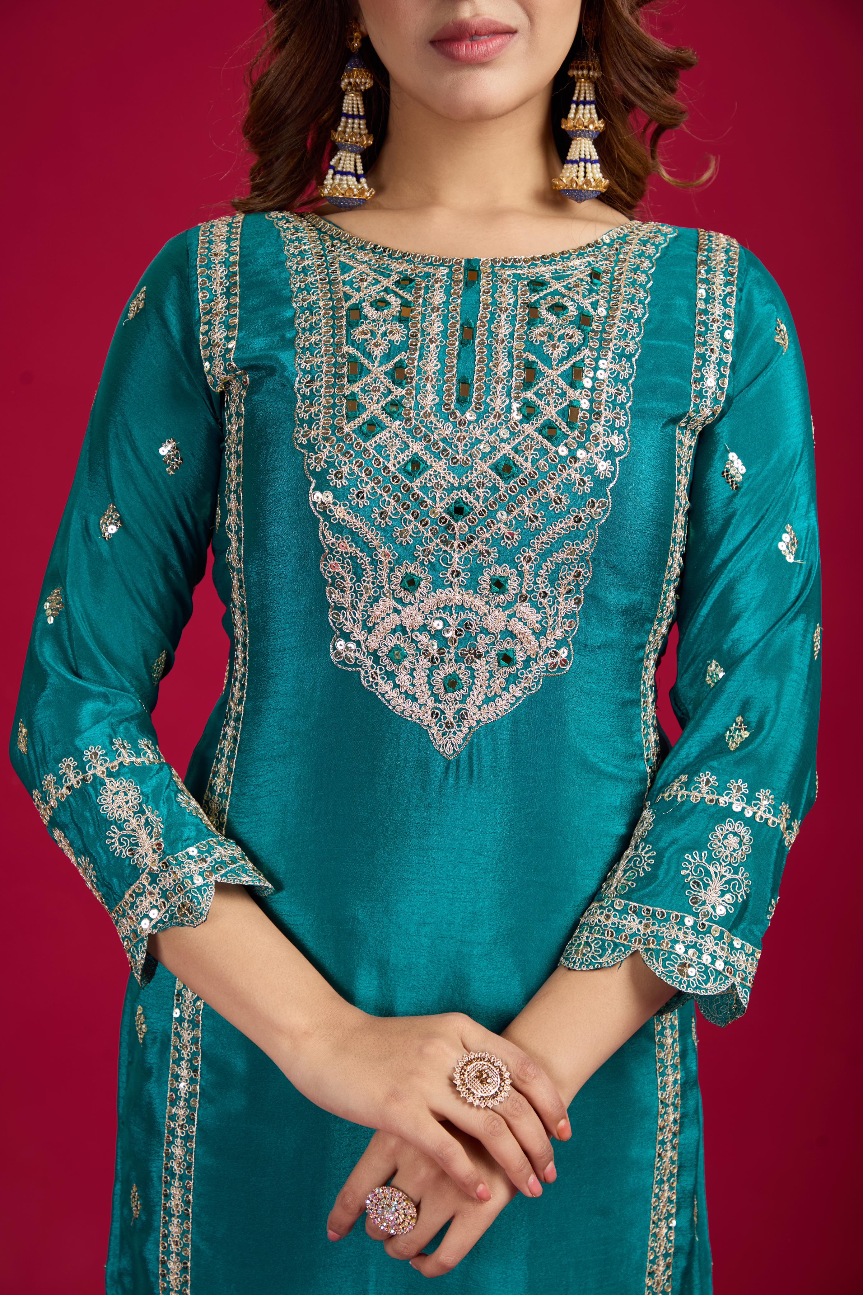 Presenting Pure Heavy Chinnon Silk Embroidery Coding Sequence Work Rama color Top-Bottom