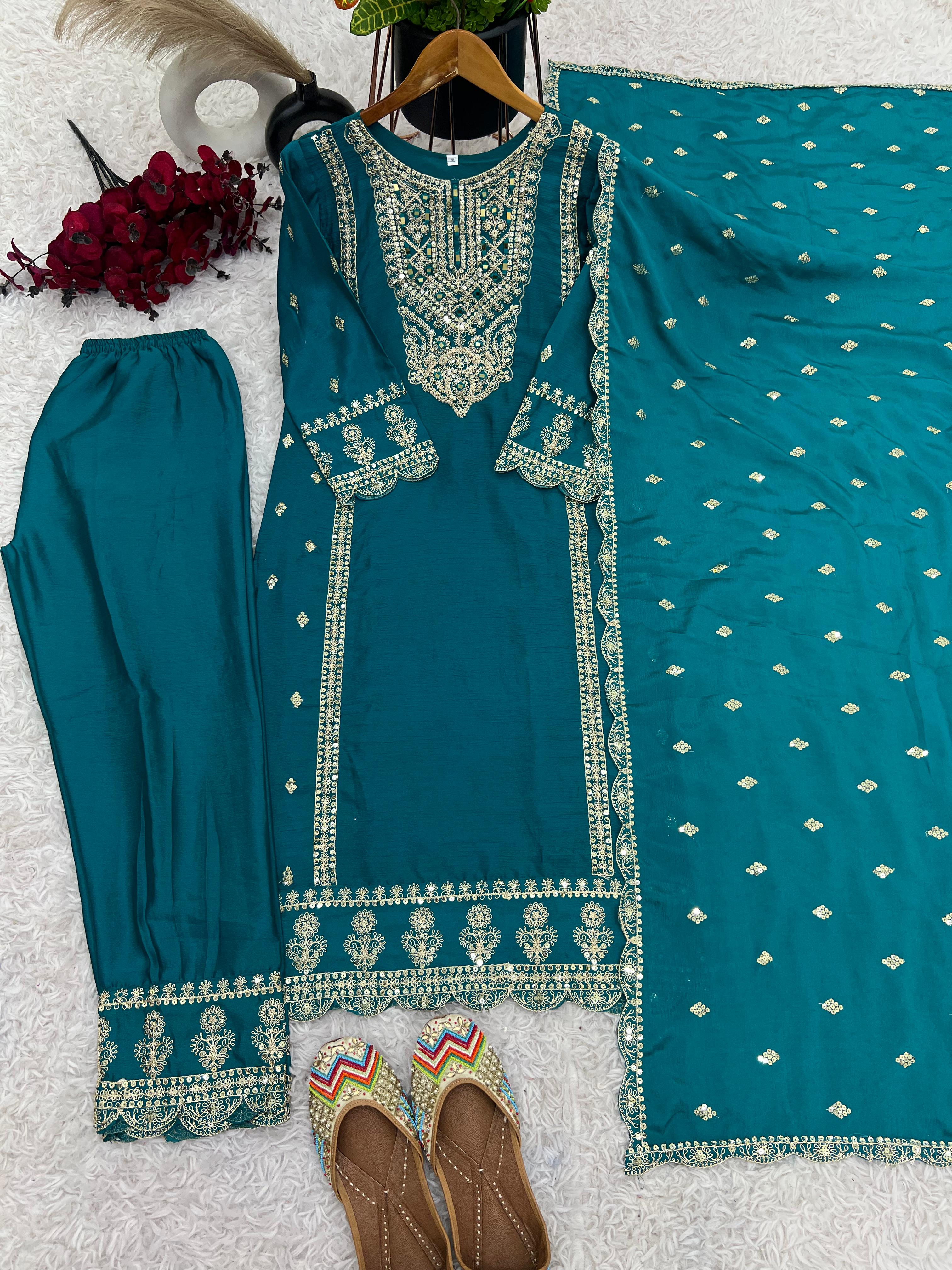 Presenting Pure Heavy Chinnon Silk Embroidery Coding Sequence Work Rama color Top-Bottom