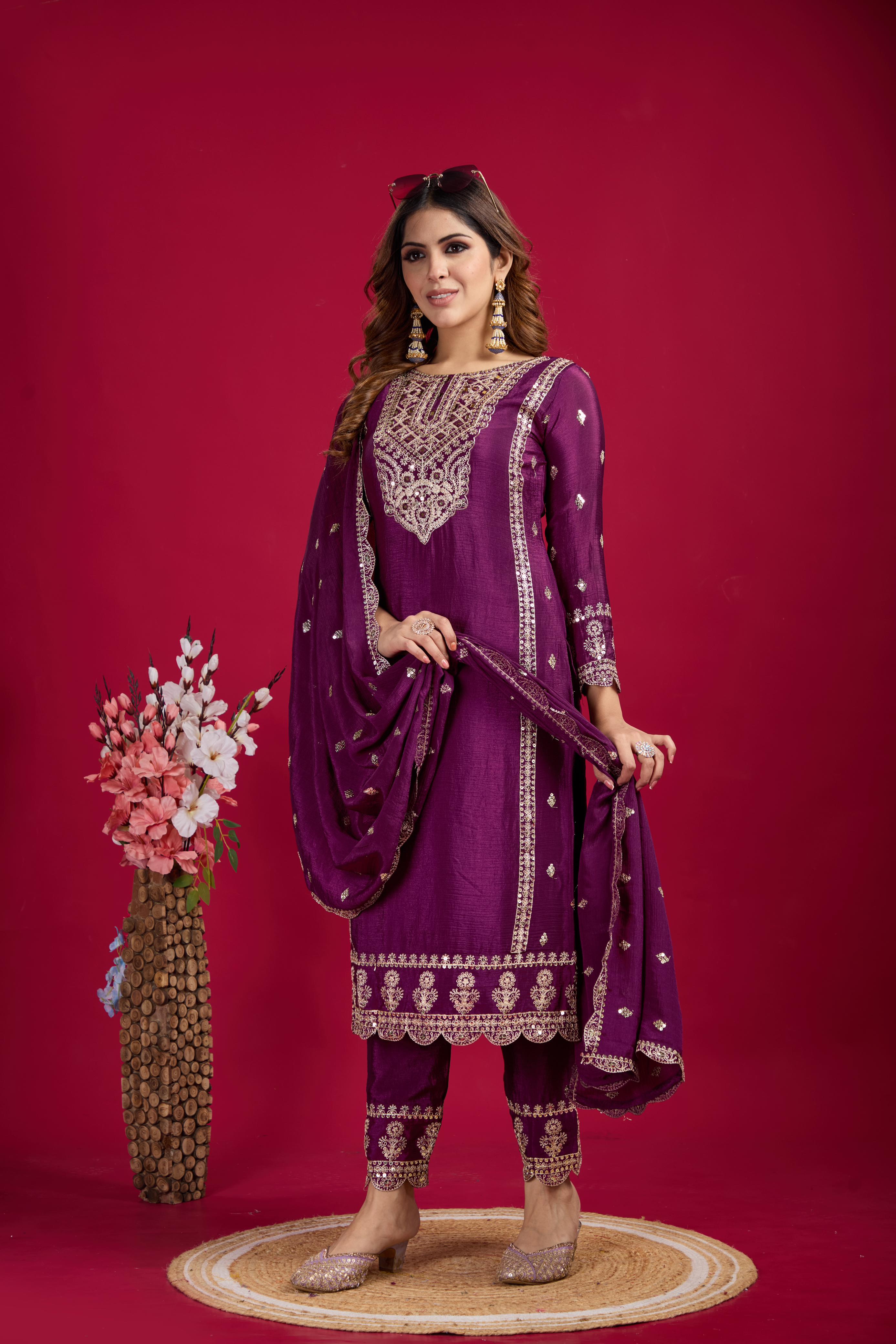 Presenting Pure Heavy Chinnon Silk Embroidery Coding Sequence Work Wine color Top-Bottom