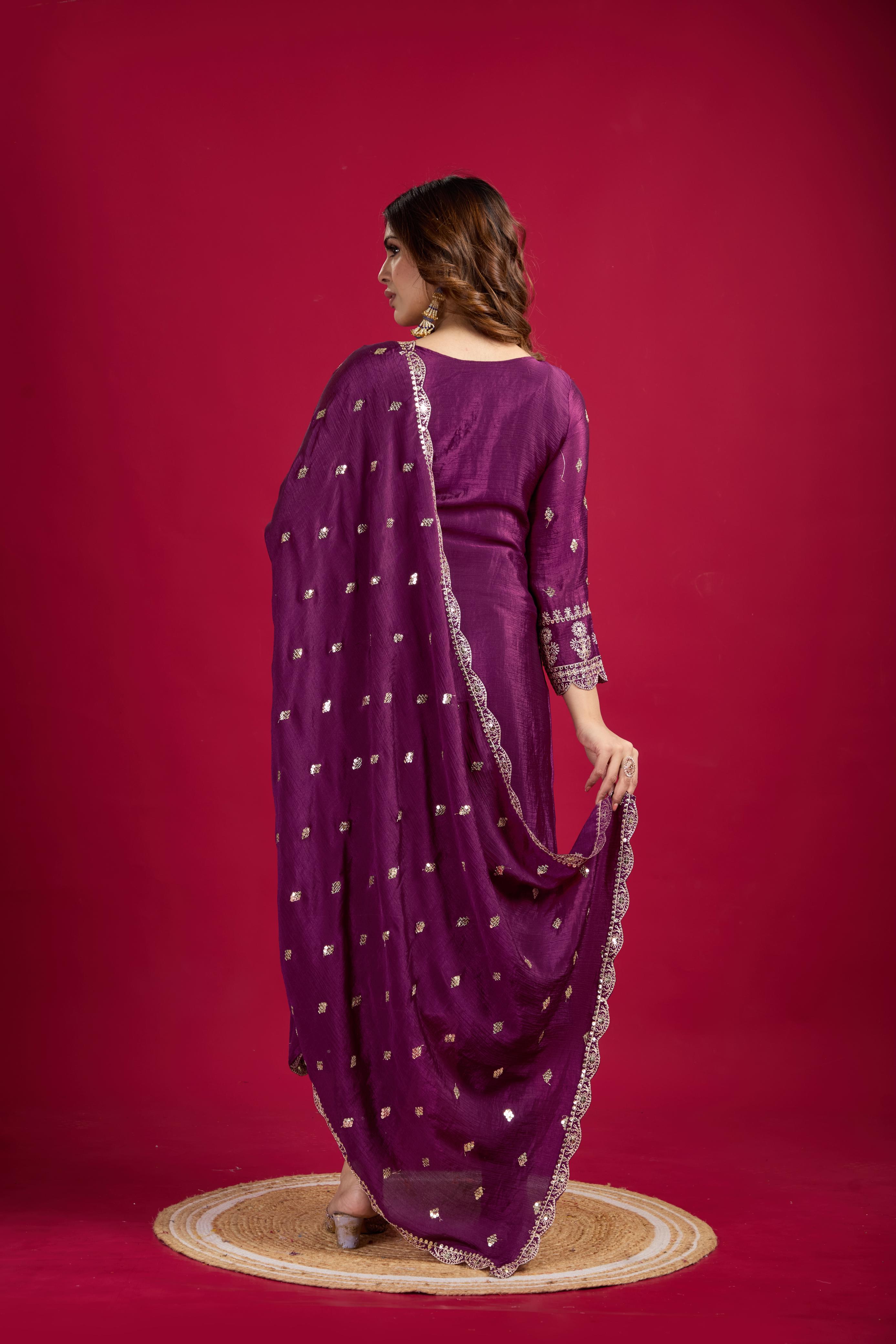 Presenting Pure Heavy Chinnon Silk Embroidery Coding Sequence Work Wine color Top-Bottom