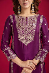Presenting Pure Heavy Chinnon Silk Embroidery Coding Sequence Work Wine color Top-Bottom