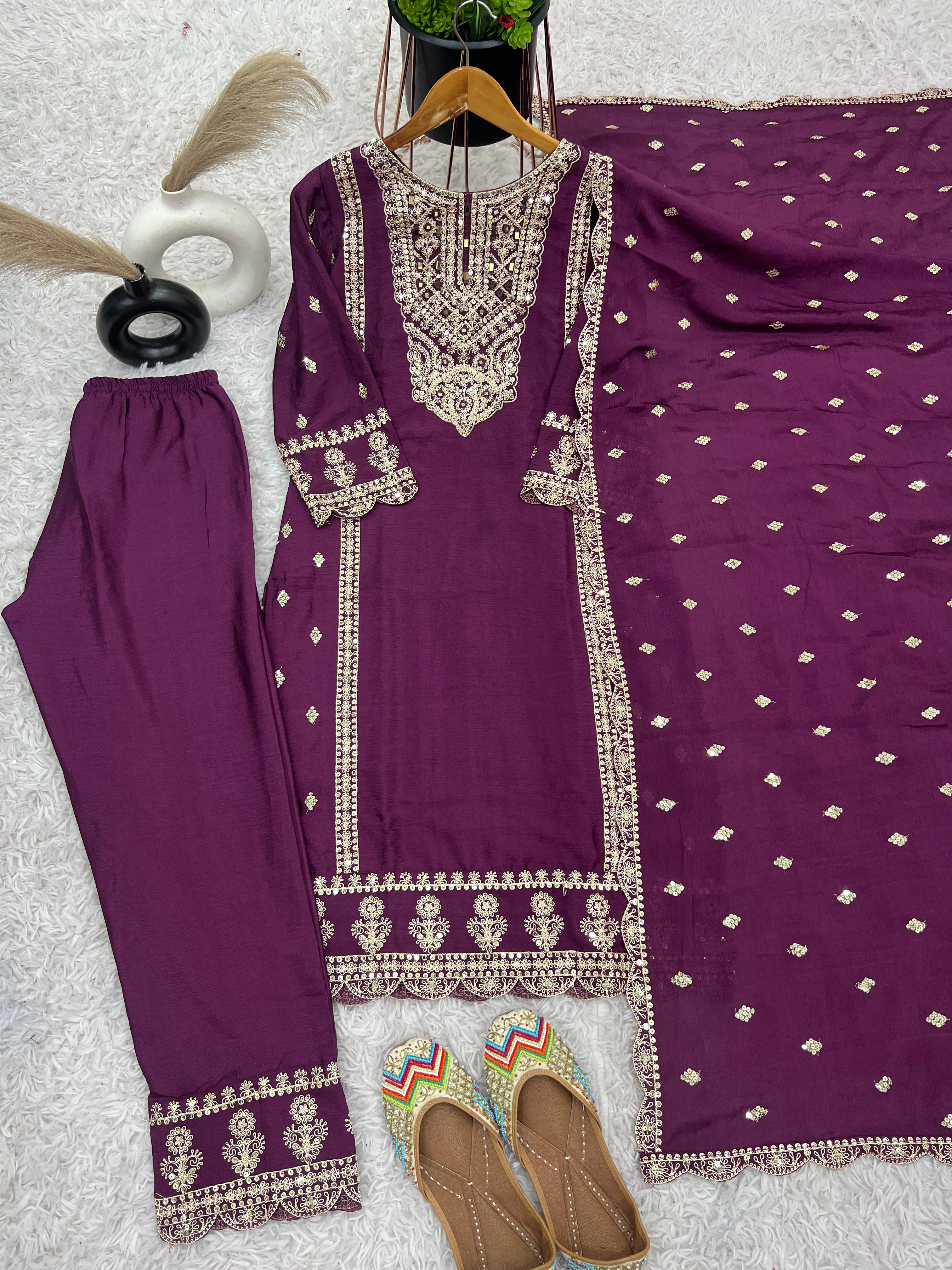 Presenting Pure Heavy Chinnon Silk Embroidery Coding Sequence Work Wine color Top-Bottom