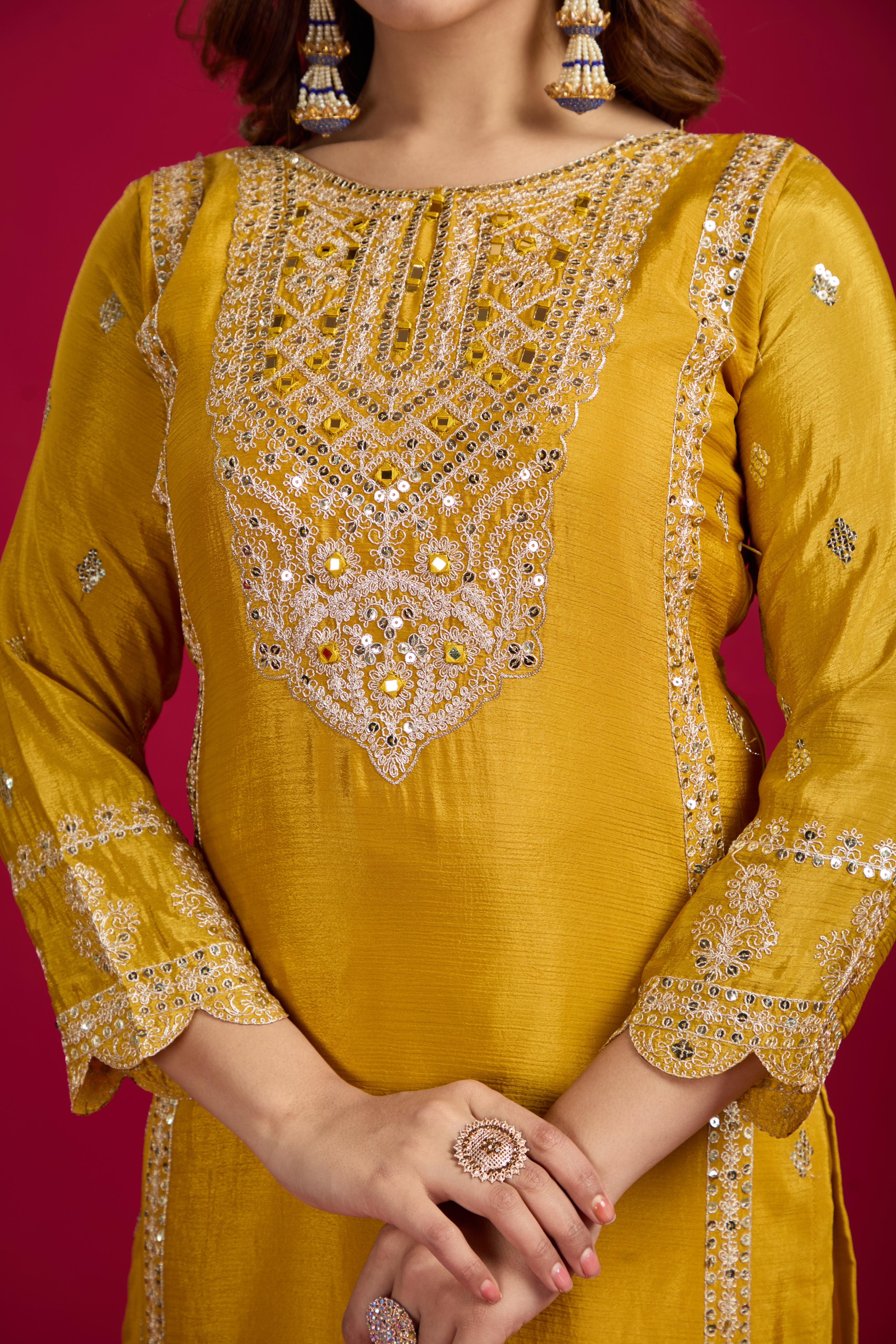 Presenting Pure Heavy Chinnon Silk Embroidery Coding Sequence Work Yellow color Top-Bottom