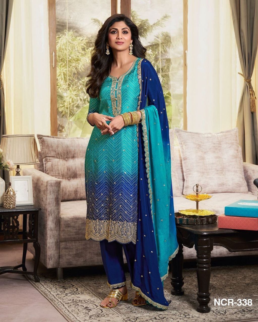 Trending Printed Chinon Fabric Blue Color Kurti Dupatta With Pent