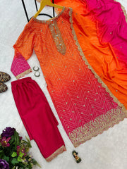 Trending Printed Chinon Fabric Orange Color Kurti Dupatta With Pent