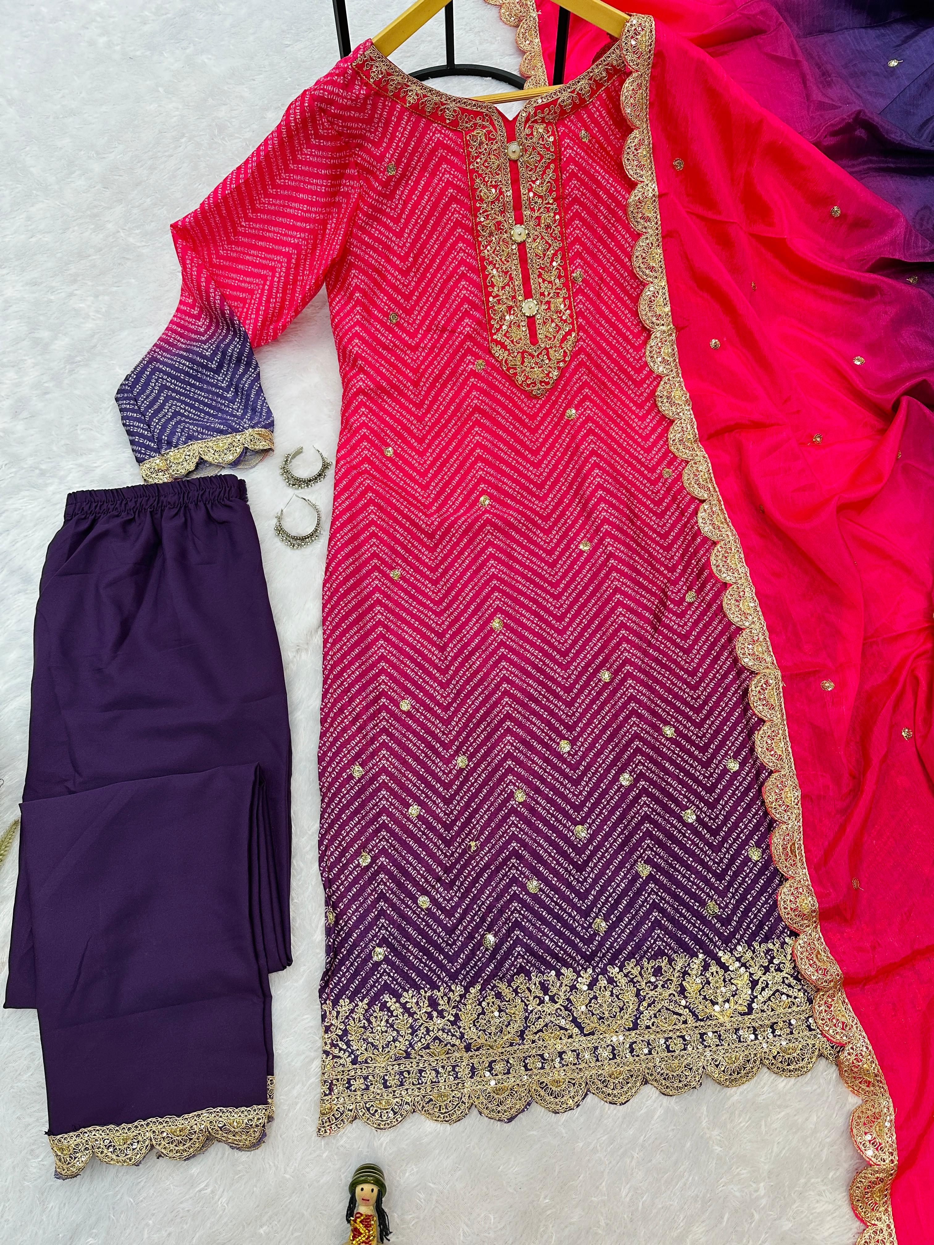 Trending Printed Chinon Fabric Pink Color Kurti Dupatta With Pent